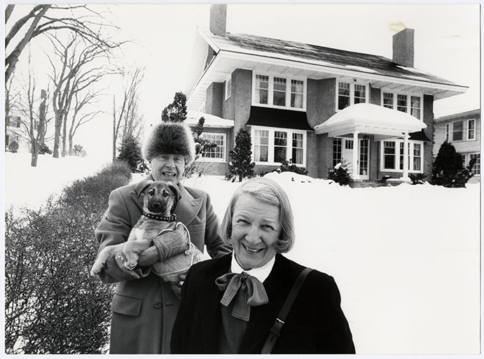 Alex and Rhoda Colville, with Min, outside their home in Wolfville, Nova Scotia